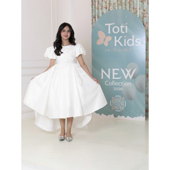 صورة فستان بناتي أبيض بأكمام منفوشة وتطريز | فستان هاي لو فاخر - M3751